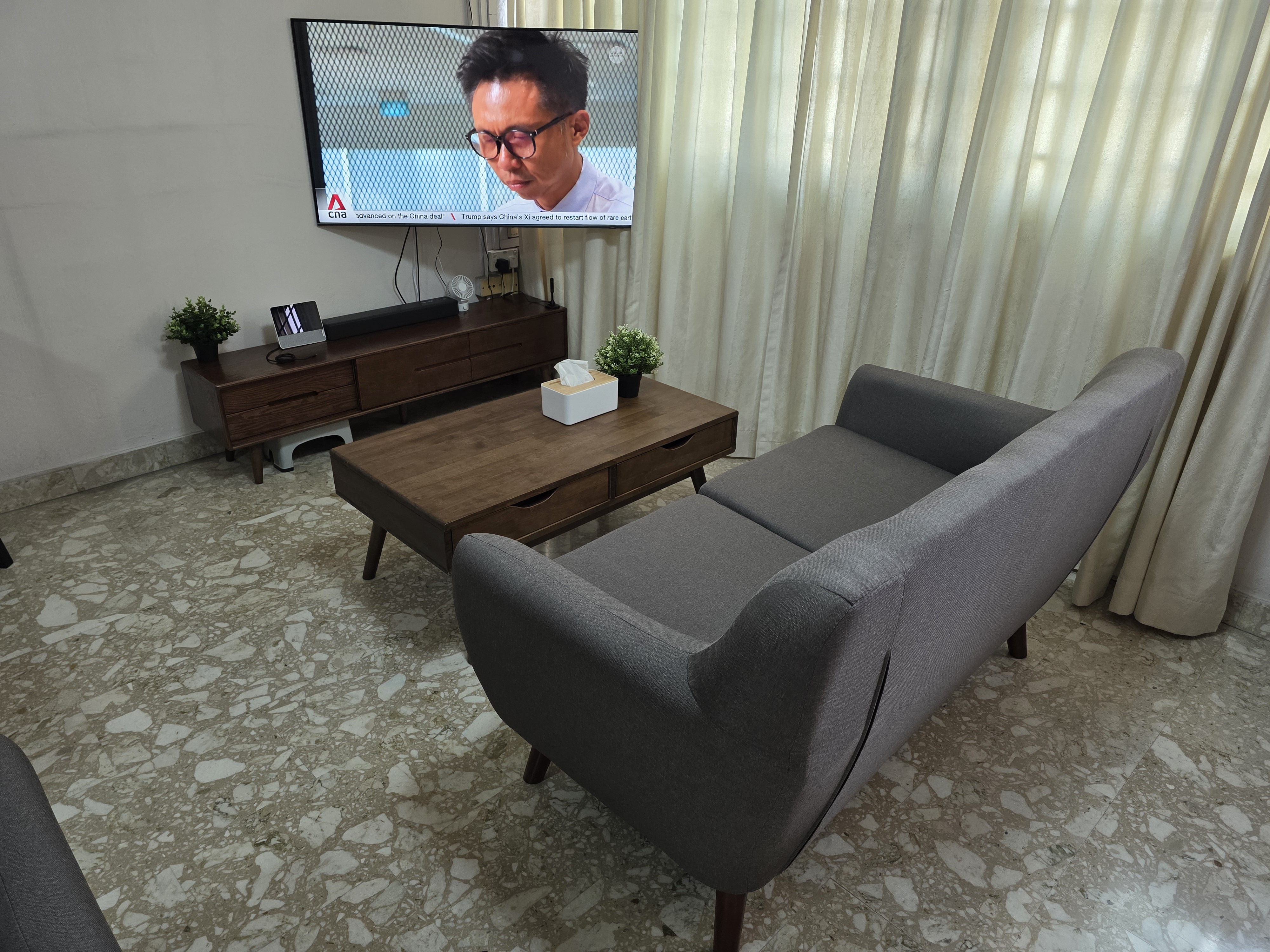 Customer home photo 1: Not too bulky, but big enough for all size people. Comfortable and not too soft foam. Height enough to have legs dangling.