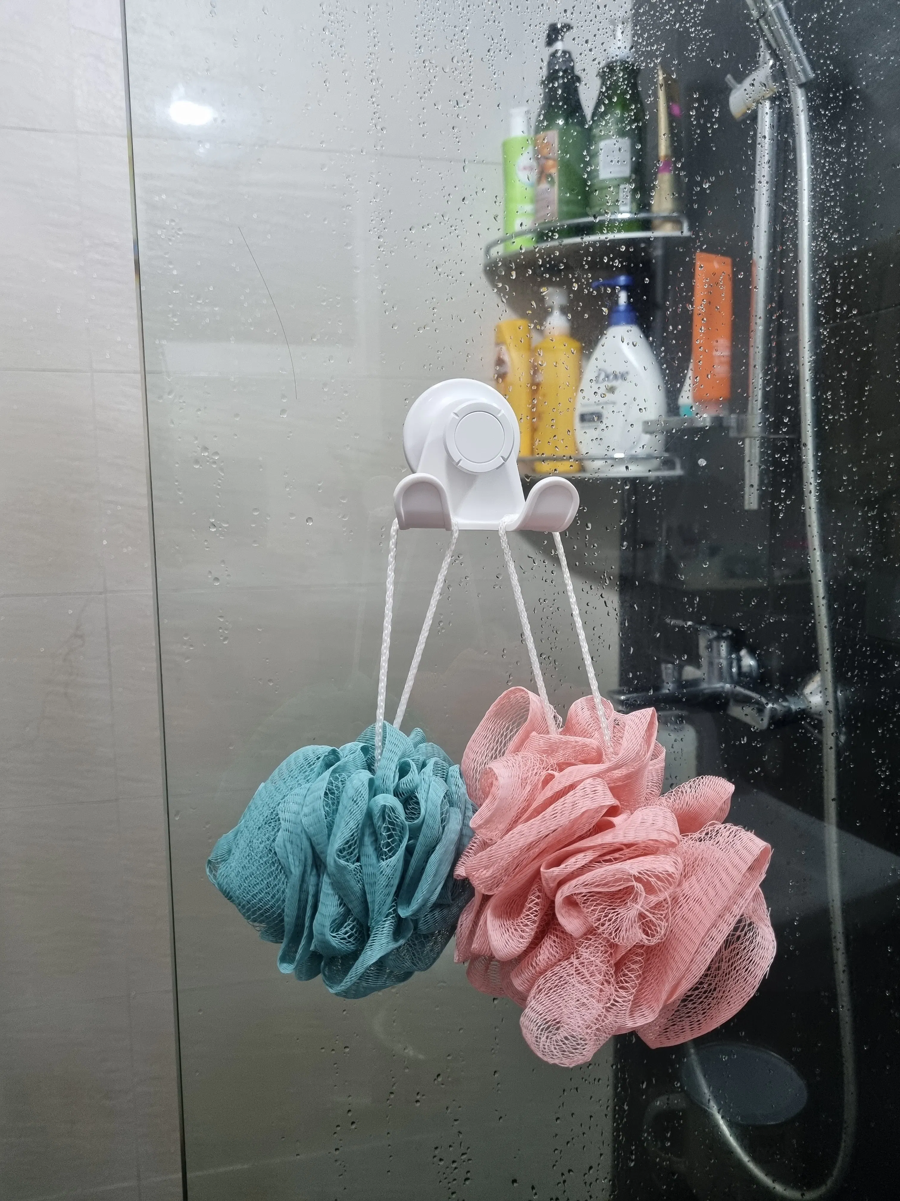 Customer home photo 3: Space saver double hook! Super easy to install and attach easily on glass surface. Highly recommend!