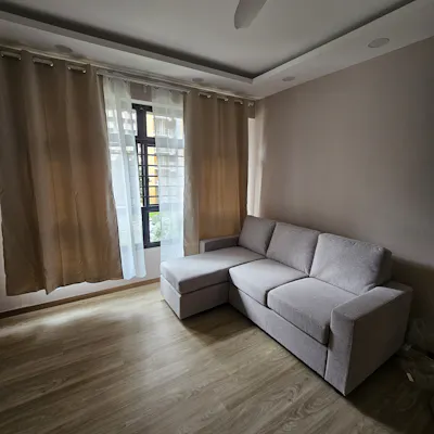Customer home photo 2: The sofa is awesome. Interchange L shape make i more flexible on the position of the sofa. And the material very nice. Sofa is not too soft and not to hard.