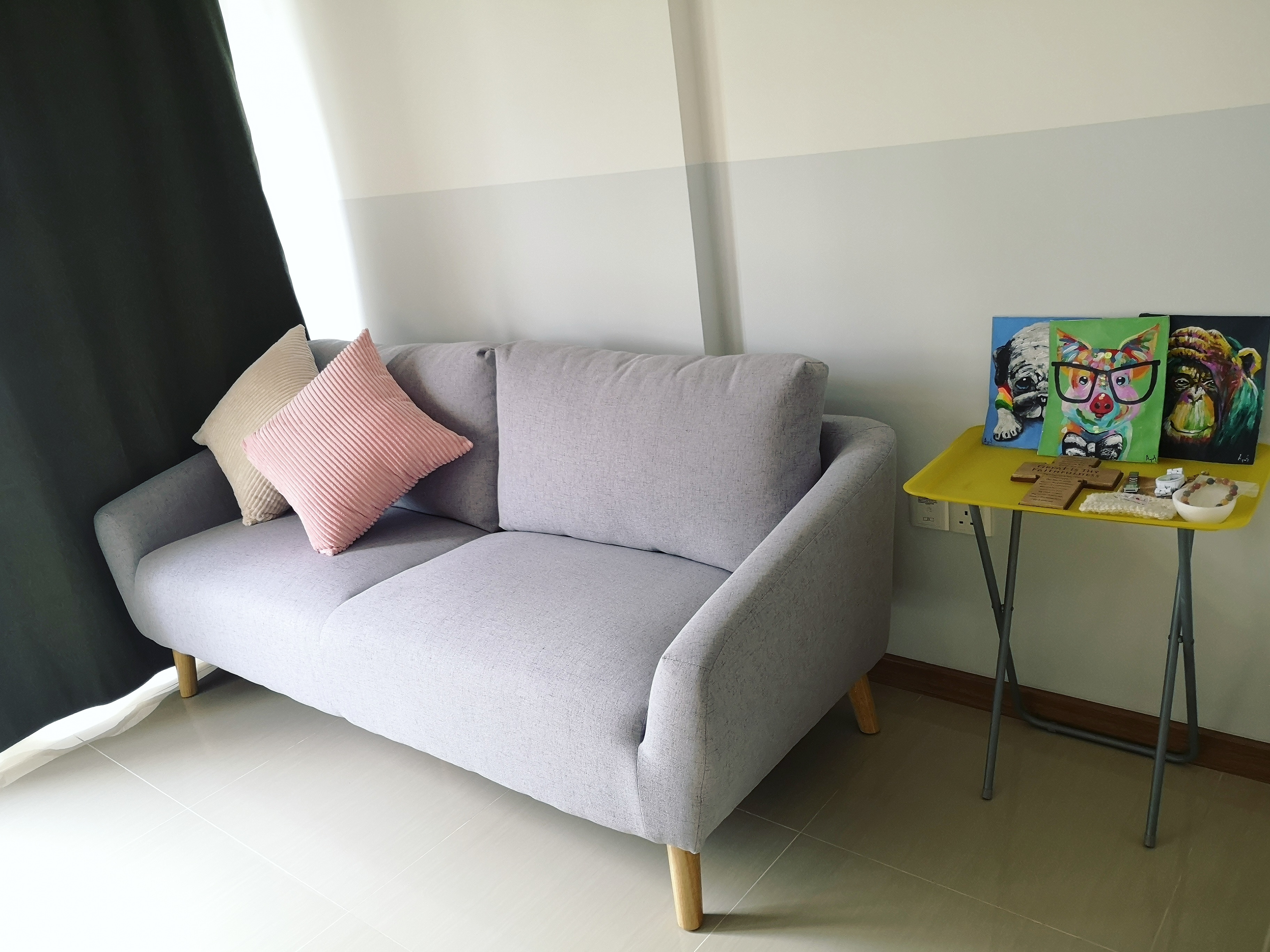 Customer home photo 17: Truly thankful for the excellent service and patient advice from Karen. Arranged an urgent delivery despite the tight schedule. Hanna 3 seater sofa is simple, neat and beautiful. The backrest which made up of two detachable big cushions alike is soft. Seat is firm and comfy though. Lightweight sofa and great leg height for floor mopping! Thank you!