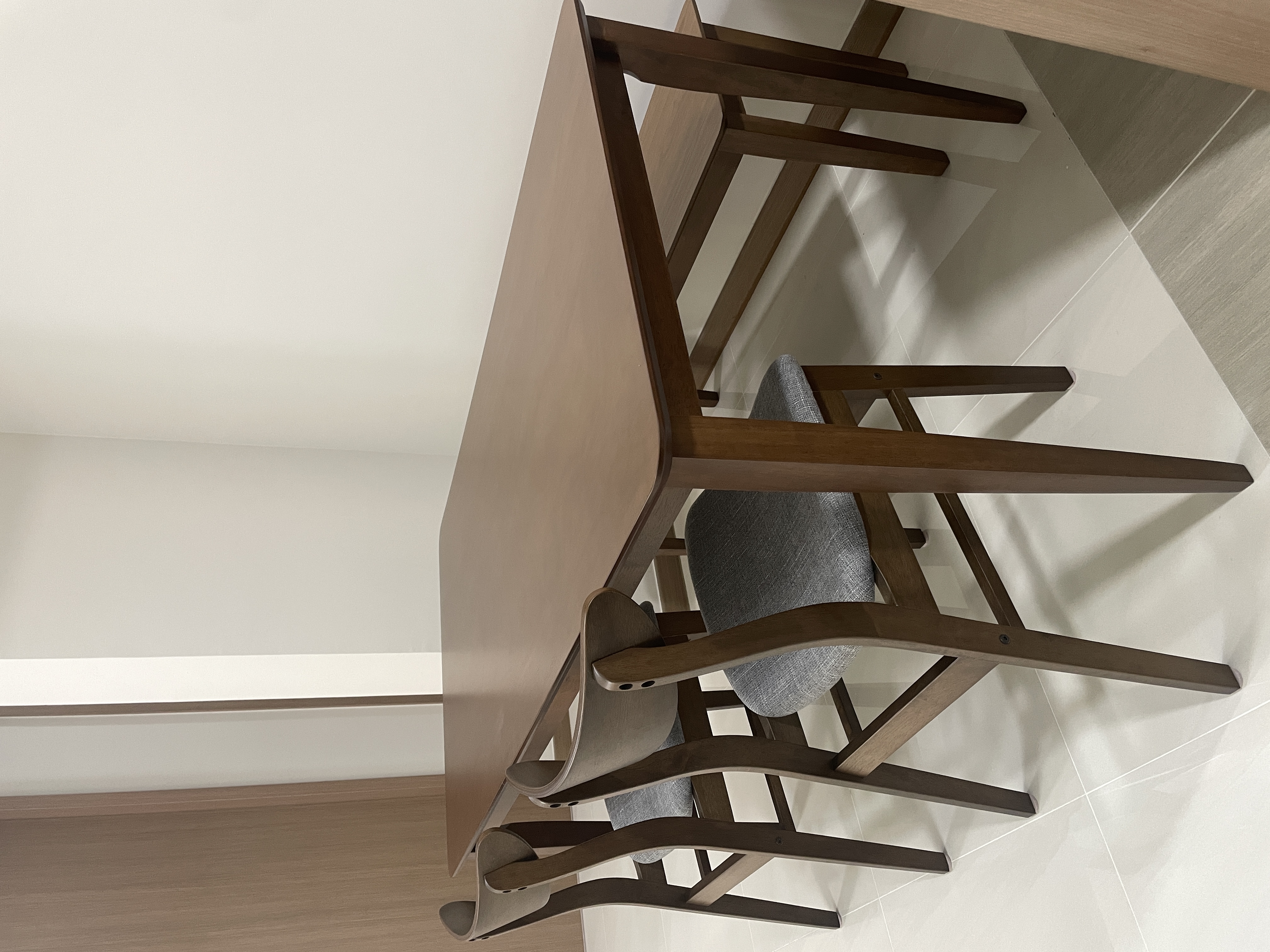 Customer home photo 2: Seat with backrest is very comfortable, color cacao is very nice, table and bench are sturdy and smooth.