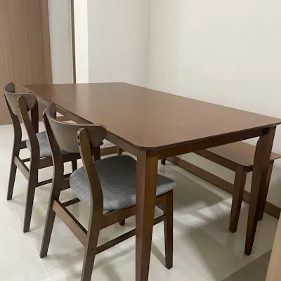 Customer home photo 2: Seat with backrest is very comfortable, color cacao is very nice, table and bench are sturdy and smooth.