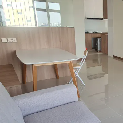 Customer home photo 1: Satisfied with my purchase. Table is sturdy and fit nicely to my sattee.