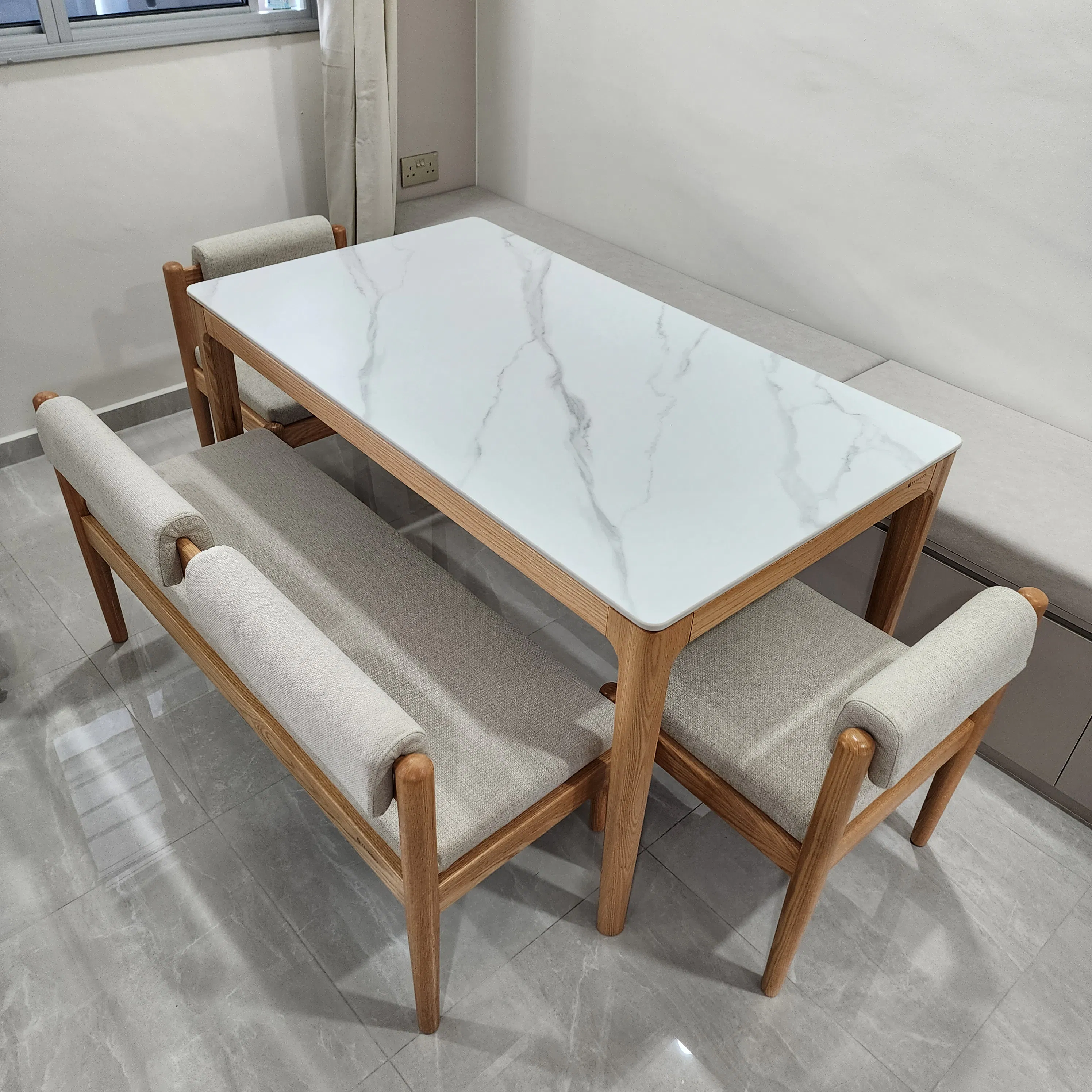 Adelyn Dining Table 1.4m (Sintered Stone) with 2 Niel Chairs and Niel Bench 1.25m in Oak - Adelyn Dining Table 1.4m - Oak (Sintered Stone) with 2 Niel Chairs and Niel Bench 1.25m in Gravel White