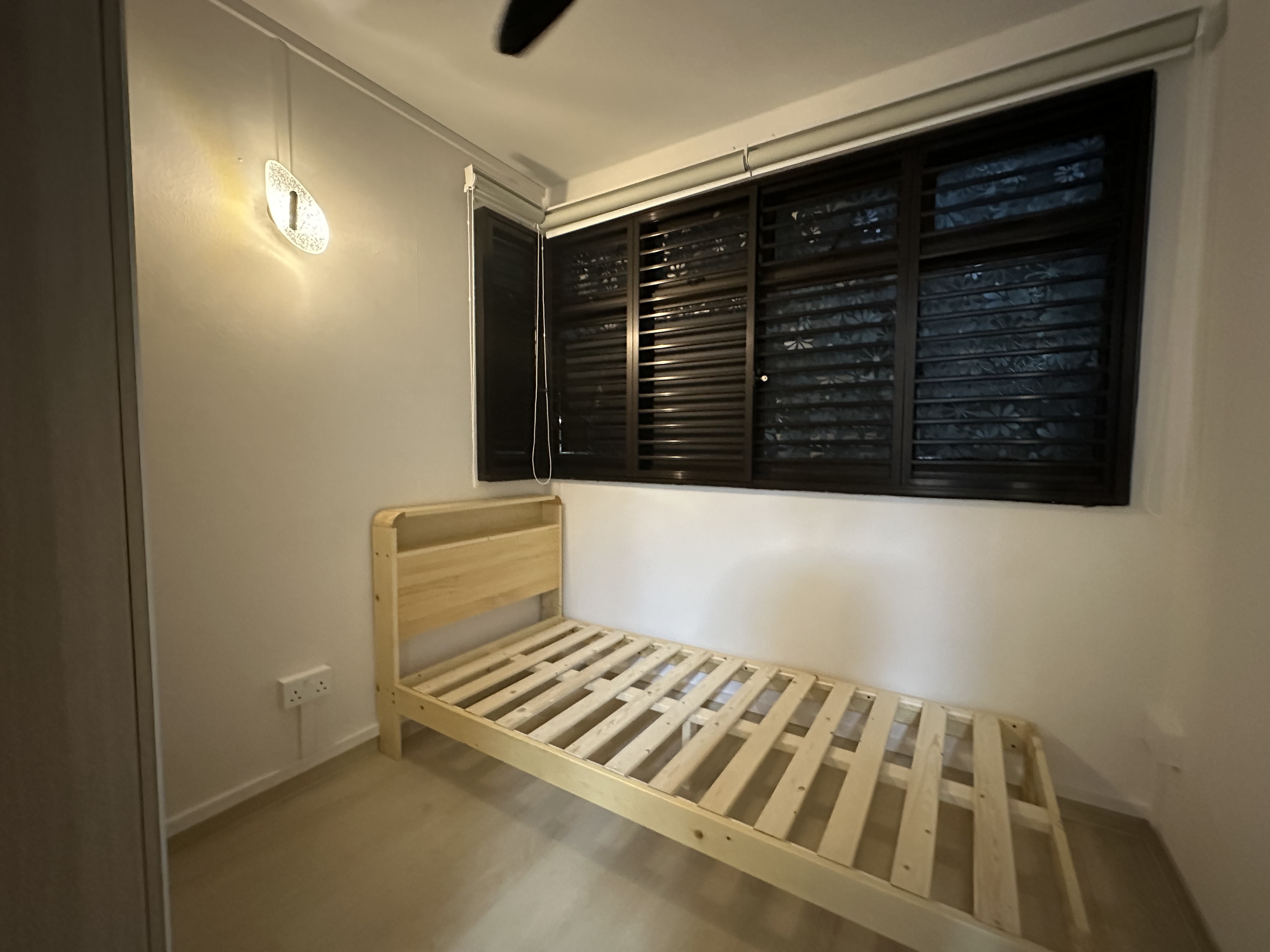 Customer home photo 3: The size is great for a smaller room. Quality is really good. Love the little shelf in the headboard. Happy with purchase.
