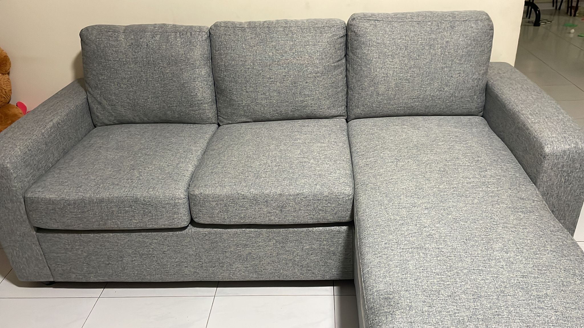 Customer home photo 6: initially the sofa was not well-assembled, and two of the side screws flew out when we sat on it. Fortunately, the team was quick to follow up on our feedback and the issue was fixed within a few days.

Sofa is comfortable and sturdy, and very suitable for families with small kids.