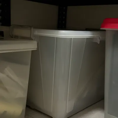 Customer home photo 1: Fits nicely on the lowest tier of our bomb shelter rack! 😊 The 50L storage box is really spacious and can hold quite a lot of misc items that we want to keep out of sight. It would be even more convenient if it came with wheels for easier retrieval in case it gets too heavy.