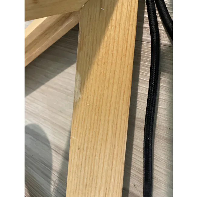 (As-is) Triangle Wooden Pendant Lamp - 2 - Wooden plank, natural wood grain, light brown surface, wooden structure, wooden