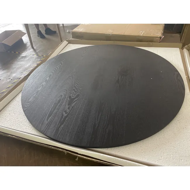 (As-is) Felicity Round Coffee Table - Black Ash, Matt Black - 2 - Dark wood paneling, circular design, textured surface