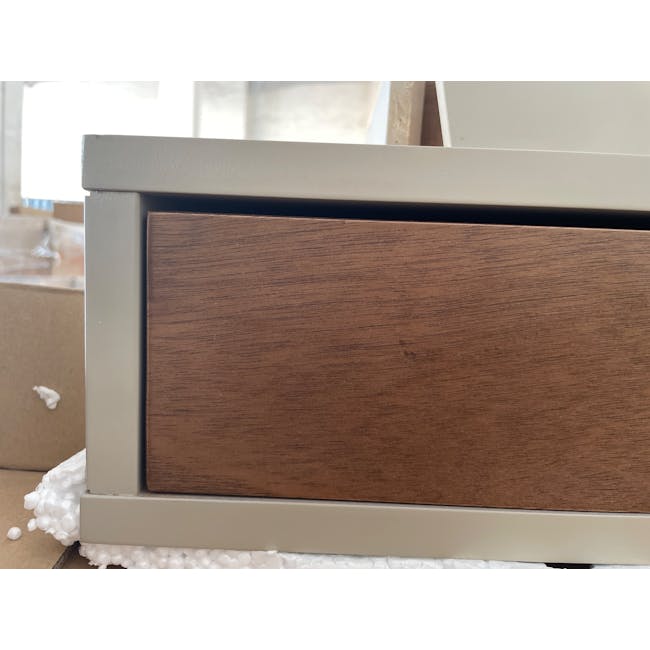 (As-is) Brexley Coffee Table - 8 - Wooden drawer, cardboard box, bubble wrap, construction site, unfinished wall, molding