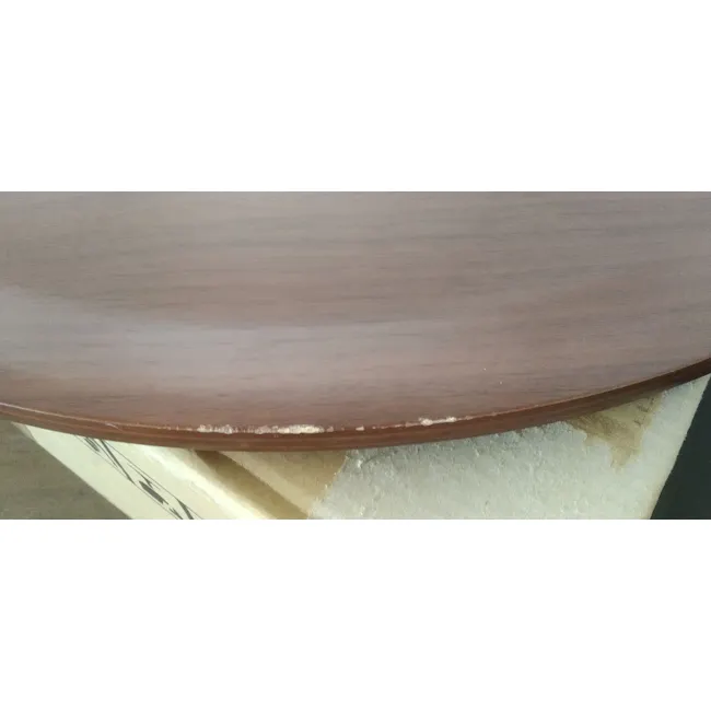 (As-is) Pablo Round Coffee Table - Walnut - 3 - 3 - Wooden table surface, visible scratches, worn finish, discoloration