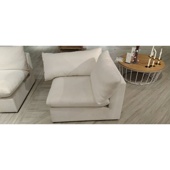 (As-is) Russell Corner Unit - Oat (Eco Clean Fabric) - 1 - 2 - Lime green sofa, minimalist design, white cushions, modern