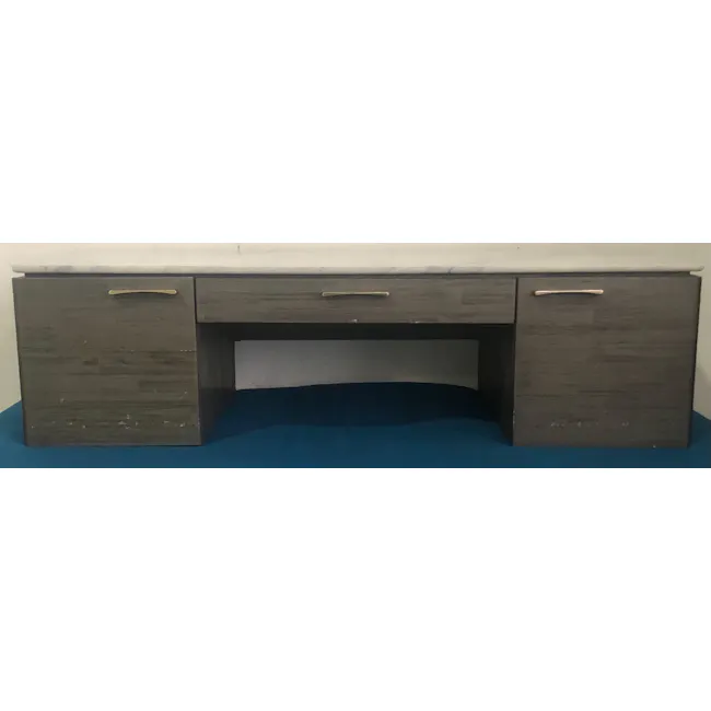 (As-Is) Carson Marble Study Table 1.4m - 2 - Dark wood desk with two drawers, light-colored marble top, minimalist design