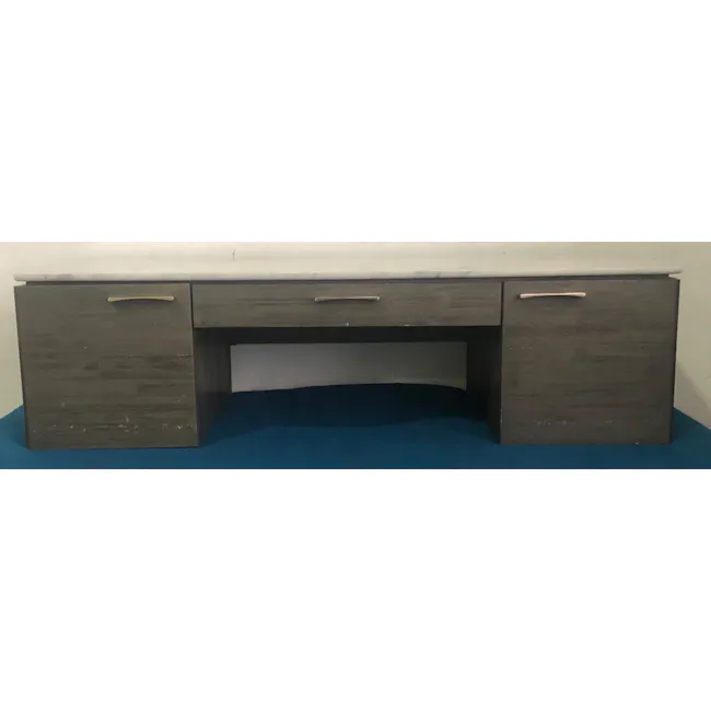 (As-Is) Carson Marble Study Table 1.4m - 3 - Desk with two drawers, dark wood finish, minimalist design, two handles