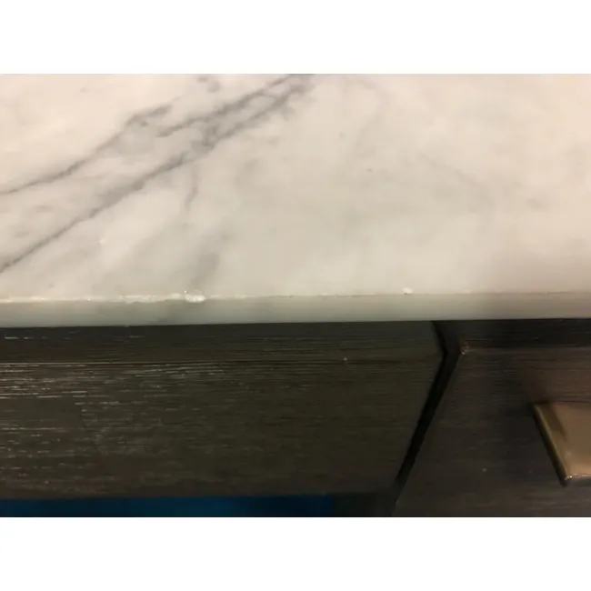 (As-Is) Carson Marble Study Table 1.4m - 17 - White marble countertop, gray veining, glossy finish, dark wood drawer, subtle
