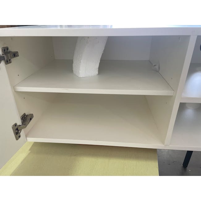 (As-is) Aalto TV Cabinet 1.6m - White, Natural - 15 - 36 - White cabinet with metal handles, empty shelves, minimalist