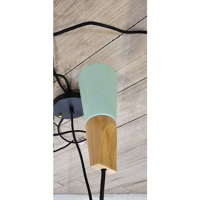 (As-is) Kenne Cone Pendant Lamp - Mint - 2 - Light fixture with wooden top and light blue body, black cords, wooden base
