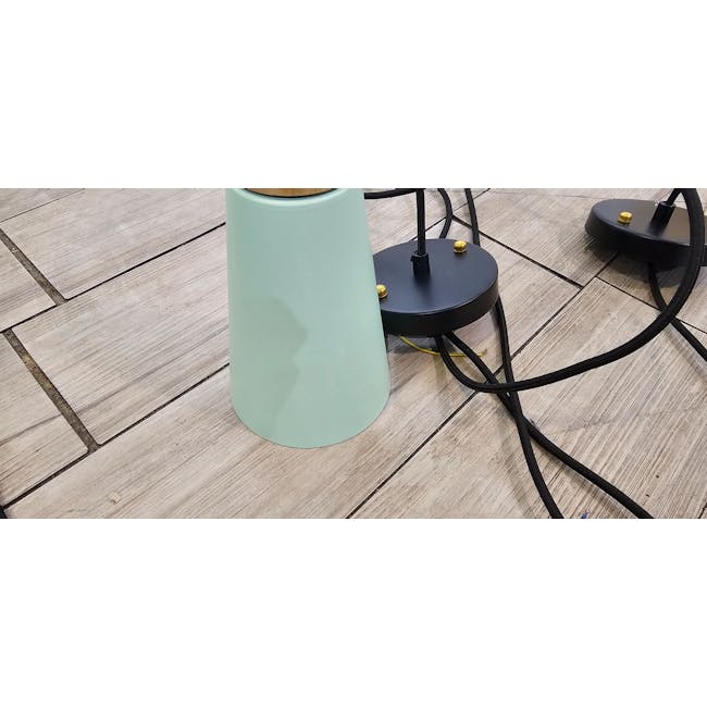 (As-is) Kenne Cone Pendant Lamp - Mint - 3 - Light green cylindrical table, black metal stand, yellow knobs, wooden top