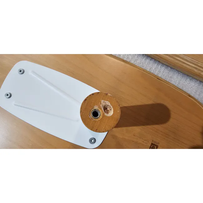 (As-is) Swivo Table 1.2m - Natural - 4 - Wooden skateboard deck, worn wooden wheel, exposed rust, wooden deck surface
