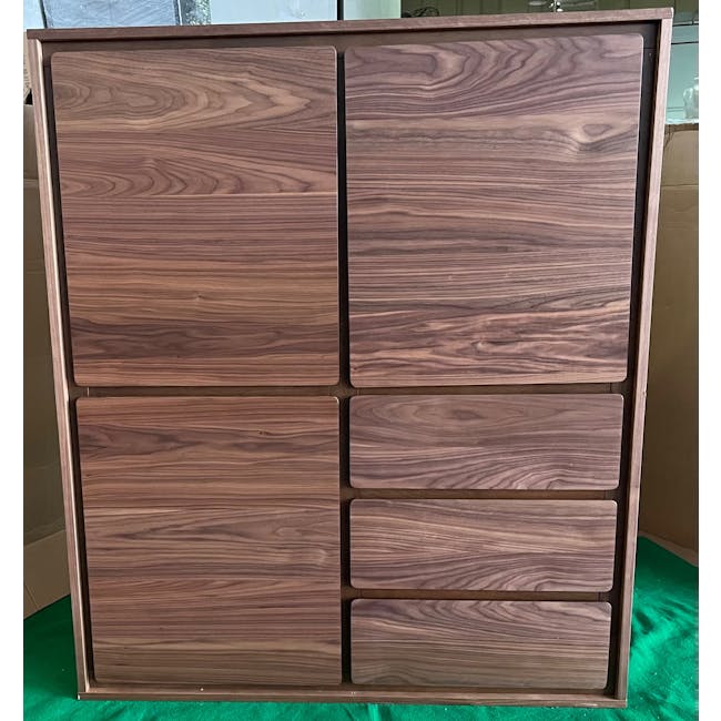 (As-is) Herta Tall Sideboard 1.2m - Walnut - 1 - 3 - Wooden cabinet with natural wood grain, vertical panels, rectangular