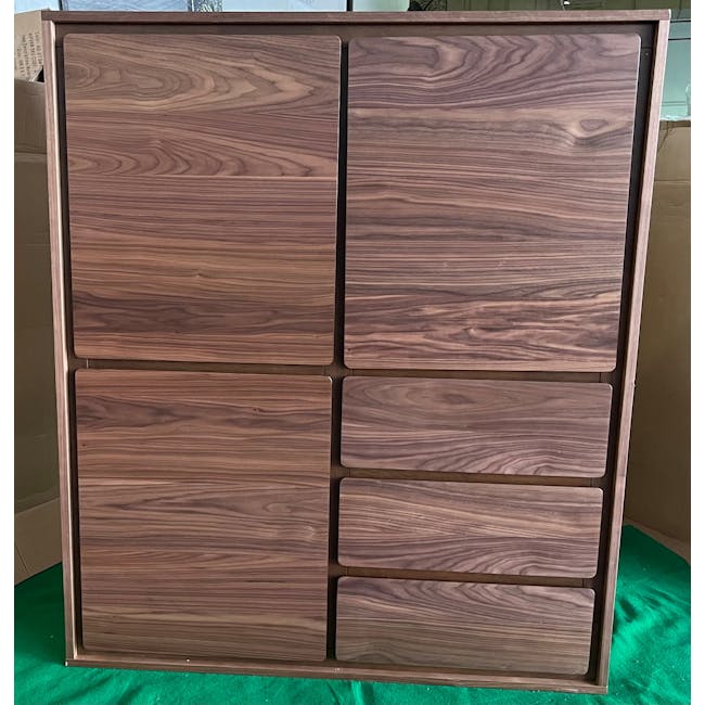 (As-is) Herta Tall Sideboard 1.2m - Walnut - 1 - 2 - Wooden cabinet with natural wood grain, vertical panels, rectangular