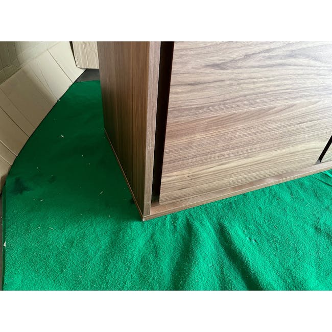(As-is) Herta Tall Sideboard 1.2m - Walnut - 1 - 15 - Wooden panel, green carpet, indoor setting, wooden furniture, floor