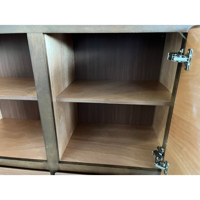 (As-is) Herta Tall Sideboard 1.2m - Walnut - 1 - 28 - Wooden cabinet with empty shelves, metal hinge, wooden texture